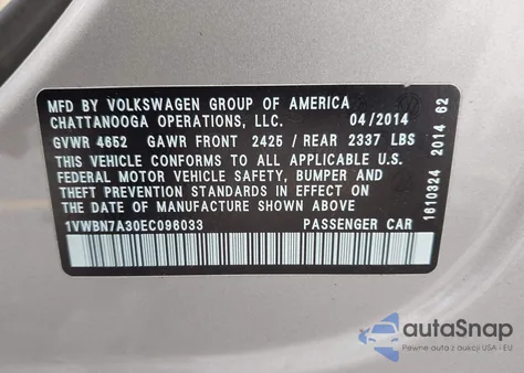 2014 Volkswagen Passat 2.0L Tdi Se z USA, uszkodzony, nr VIN 1VWBN7A30EC096033